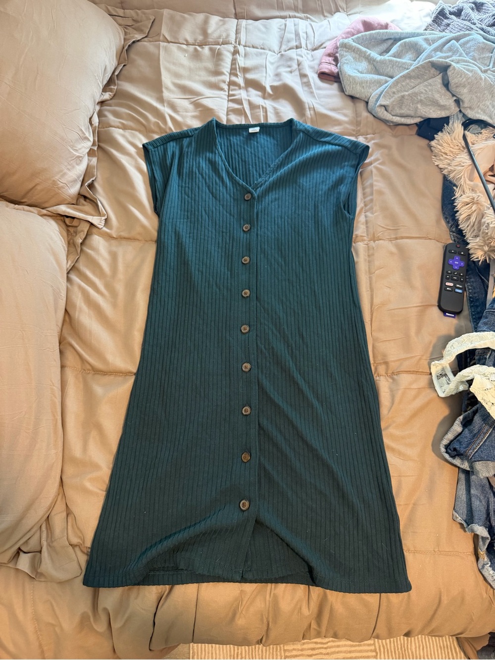 Old Navy Ribbed Button-Front Midi Dress in Deep Teal